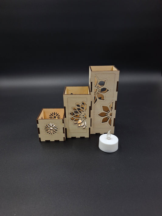 Pointed Petals Tea Light Box 3pc Set with 3 Soft Yellow LED Tea Lights